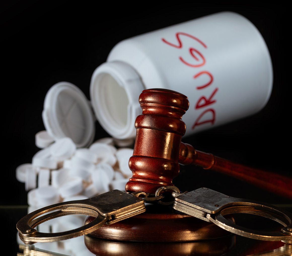 Justice concept with drugs and gavel