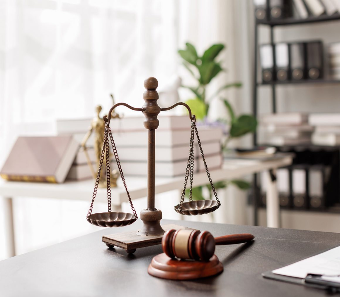 Law office with balance scales and gavel