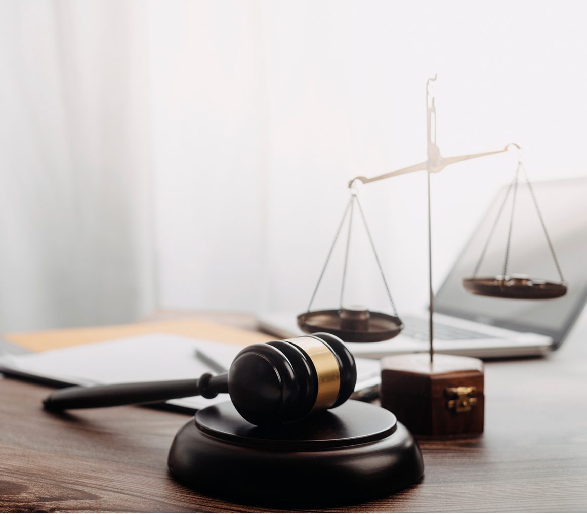 Justice symbols on lawyer's desk